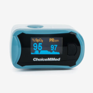 Light blue and white C29 Pulse Oximeter on side, showing the digital screen with heart rate measurements